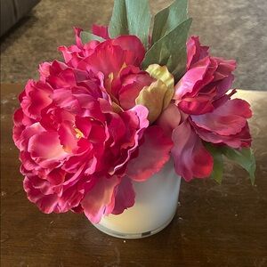 Pink Artificial Peony Floral Arrangement in White Vase - Home Accents